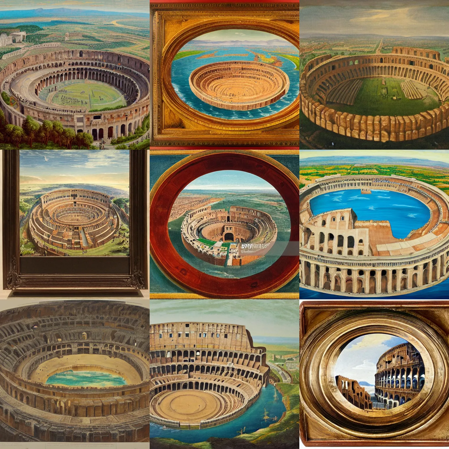 Prompt: a colosseum like arena with it's central landmass part surrounded by a circle of water, view from the sky, detailed painting, 8 k