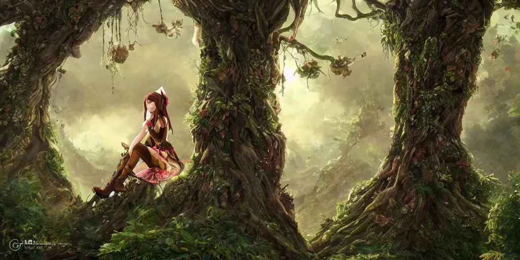 Image similar to alluring highly-res photo an attractive young elf woman sitting on top of giant tree in her tree city, looking on the opposite of the picture, clothed in a chesty fantasy outfit, intricate, elegant, highly detailed, digital painting, trending on Artstation, concept art, smooth, sharp focus, colorful, illustration, in the style of artgerm and greg rutkowski and alphonse mucha