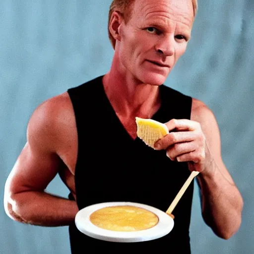 Image similar to sting the singer eating a banana creme brule ( dont ask )