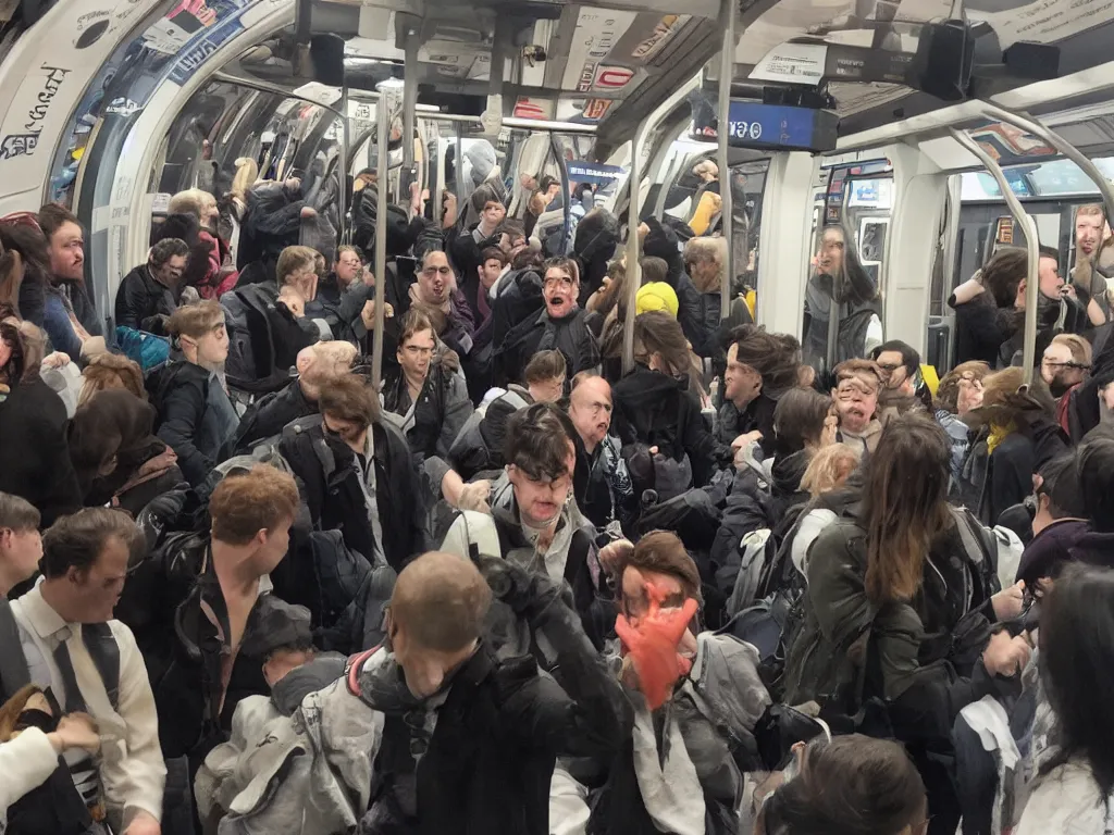 Image similar to interdimensional riots break out in the London Underground