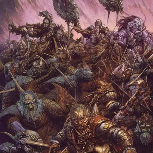 Image similar to art by donato giancola and bayard wu and gustav moreau and wayne barlowe, a fantasy cinematic close up shot of a dwarf berserker, fighting a horde of rats, warhammer, dnd, fighting monsters,