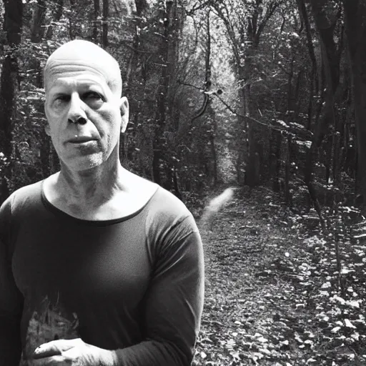 Prompt: drunk Bruce Willis wearing only a punk tutu and make up, lost in the woods, caught on a trail cam