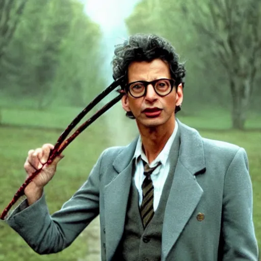 Prompt: Jeff Goldblum in the movie Harry Potter And The Prisoner Of Azkaban, holding a wand