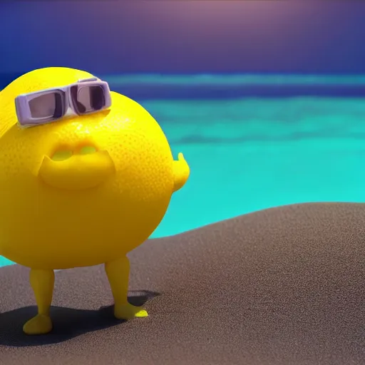 Image similar to 3 d octane render, of an anthropomorphic lemon character, with lemon skin texture, it is wearing a hat and scuba diving suit, building a sandcastle on the beach at sunset, beach, huge waves, sun, clouds, long violet and green trees, rim light, cinematic photography, professional, sand, sandcastle, volumetric lightening