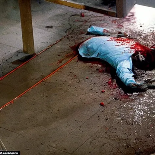 Prompt: a full-color police photograph of a crime scene. inside the crime scene there is a human corpse covered in a thin film of wet clay. the corpse is twisted and bent and wrong