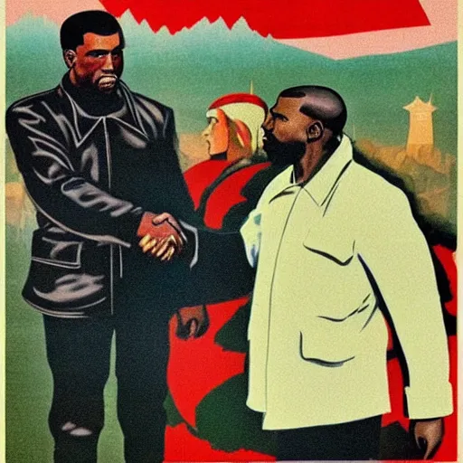 Prompt: a majestic soviet propaganda poster of kanye west shaking hands with lenin