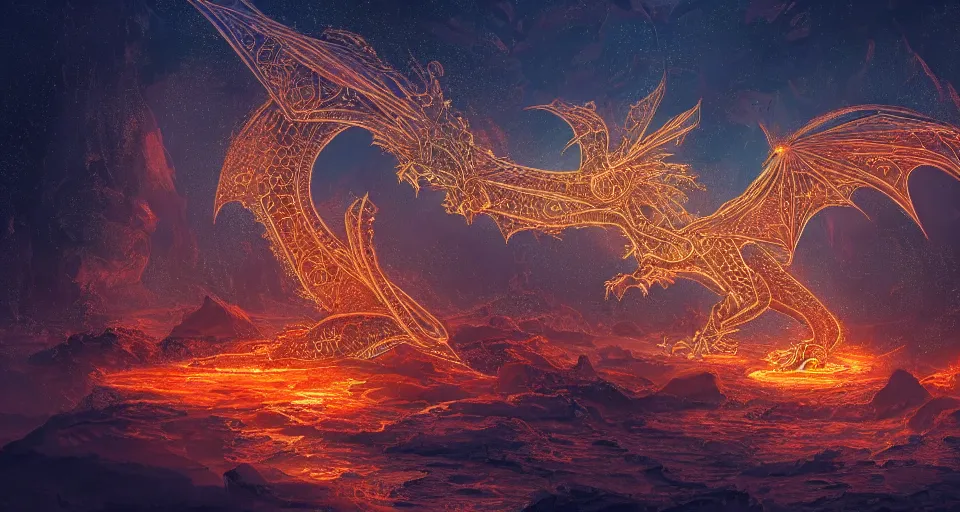 Image similar to electric dragon in the hell, intricate, elegant, glowing lights, highly detailed, digital painting, artstation, concept art, smooth, sharp focus, illustration, loneliness, great space, oleg vdovenko, 8 k, very high resolution, astrophotography, processing, extremely hyperdetailed