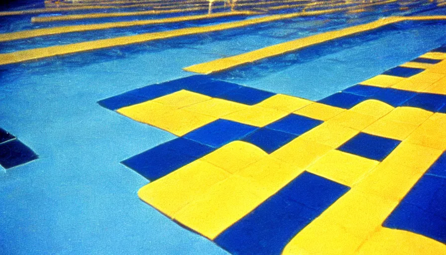 Image similar to 1 9 6 0 s movie still of an empty blue and yellow tiles municipal swimmingpool, low quality, liminal space style