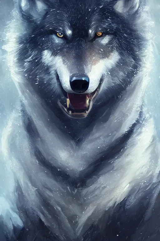 Prompt: a fancy portrait of a wolf with crystal fang's by Greg Rutkowski, Sung Choi, Mitchell Mohrhauser, Maciej Kuciara, Johnson Ting, Maxim Verehin, Peter Konig, final fantasy , mythical, 8k photorealistic, cinematic lighting, HD, high details, atmospheric,