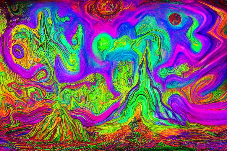 Prompt: dmt psychedelic realm landscape painting, fantasy, digital art, in the style of Robert Tinney