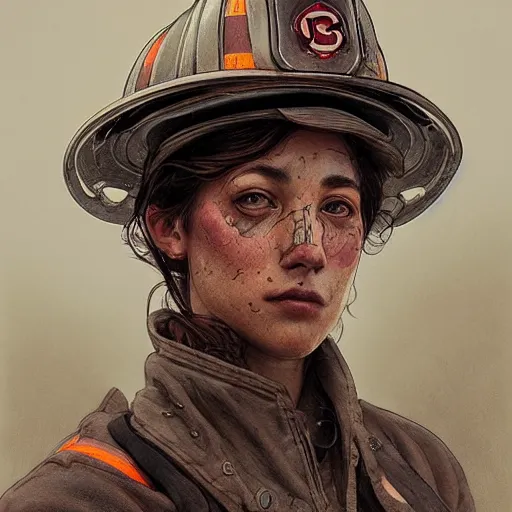 Image similar to portrait of a hero firefighter, bruised, covered in dirt, confident and proud, dramatic, intricate, headshot, highly detailed, digital painting, artstation, concept art, sharp focus, cinematic lighting, illustration, art by artgerm and greg rutkowski, alphonse mucha, cgsociety