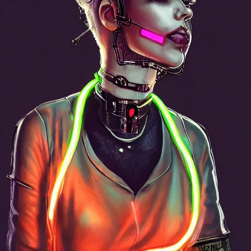 Image similar to detailed realistic cyberpunk female character cyberpunk wearing large steel collar around neck, realistic, art, beautiful, 4K, collar, choker, collar around neck, punk, artstation, detailed, female, woman, choker, cyberpunk, neon, punk, collar, choker, collar around neck, thick collar, choker around neck, wearing choker, wearing collar, bright neon punk hair, collar, choker,