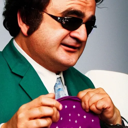 Image similar to a man who looks like john belushi mixed with gordon brown, wearing a rainbow coloured tracksuit and big gold star shaped medallion