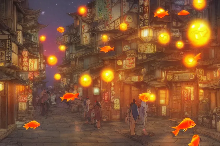 Prompt: fantasy art of glowing goldfish swimming in the air, in the streets of a japanese town at night, with people watching in wonder, by hayao miyazaki, highly detailed digital art, trending on artstation