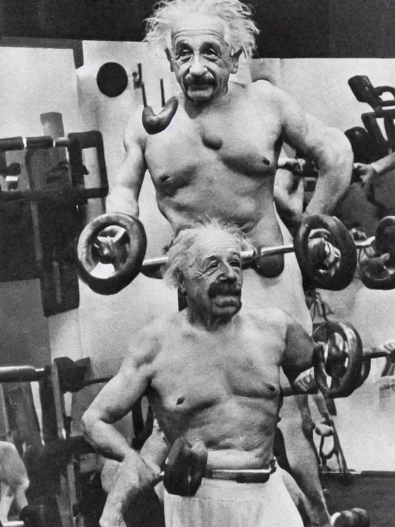 Prompt: Albert Einstein working out at the gym,
