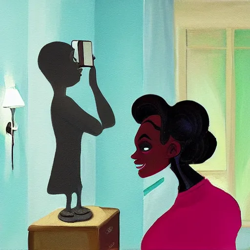 Image similar to stunning, coherent, beautiful painting, still of a creepy man following a beautiful black bbw woman into her bedroom , she is taking a selfie of the creepy man is following her, 3d, in the style of pixar, comic book style, 3d, highly detailed, highly detailed, sharp focus, bokeh, depth of field, 16k resolution, Unreal Engine 5, coherent, cinematic lighting, photorealistic, by Zhang Jingna