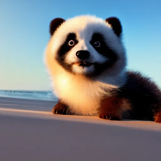 Image similar to a closeup photorealistic photograph of a panda themed Pomeranian puppy at the beach during sunset This 4K HD image is Trending on Artstation, featured on Behance, well-rendered, extra crisp, features intricate detail and the style of Unreal Engine.