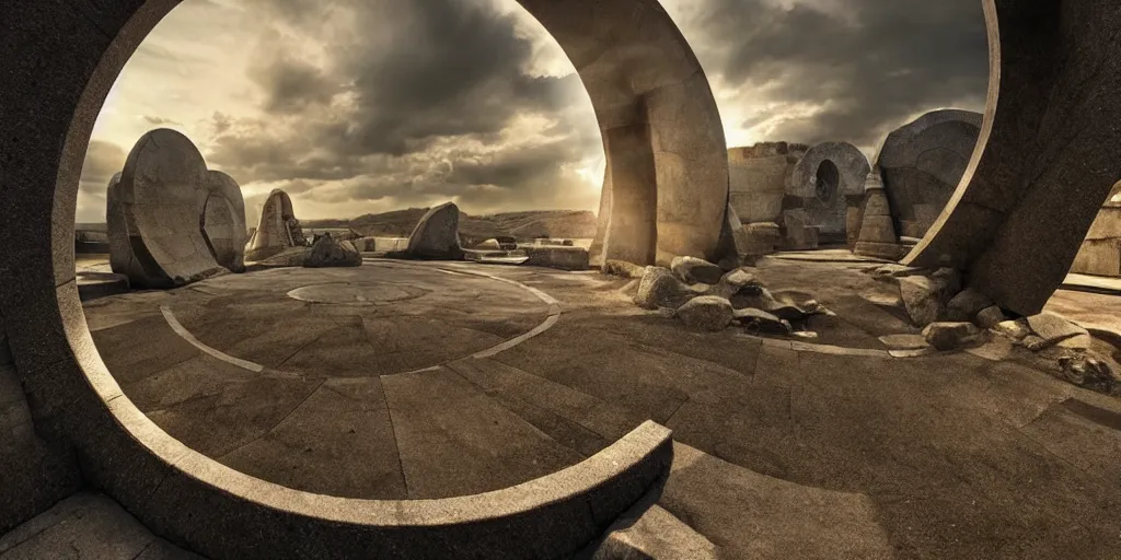 Image similar to stargate made of stone that form a circle, cinematic view, epic sky + highly detailed