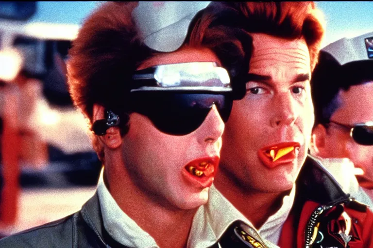 Prompt: ronald mcdonald in top gun ( 1 9 8 6 ), cinematic lighting, high contrast, 4 k hdr imax cinematography by roger deakins, award winning shot, beautiful composition, principal photography, vfx action shot