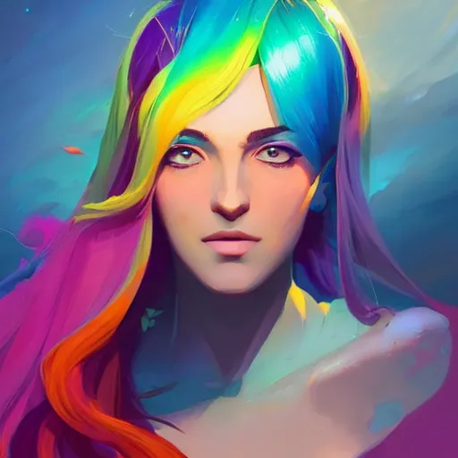 Image similar to beautiful woman with rainbow hair, maya ali mage, gloomhaven, dynamic lighting, gaudy colors, octane render aesthetic, matte painting concept art, official fanart behance hd artstation by jesper ejsing, by rhads and makoto shinkai and lois van baarle and ilya kuvshinov and rossdraws