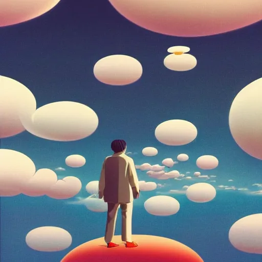 Image similar to a man walking on clouds away from the camera above kyoto by takashi murakami, beeple and james jean, aya takano color style, 4 k, super detailed, modern, 4 k, symmetrical