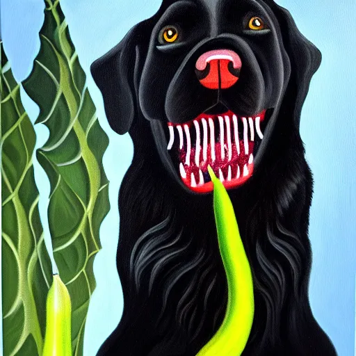 Image similar to oil painting of a vicious black dog bearing its fangs next to brugmansia suaveolens flowers, dark background, scary