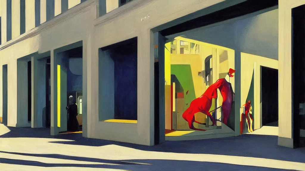 Image similar to Street art. paralyzed by the indescribable beauty of the cosmos. facade of the entrance to the art gallery exhibition. art style by Edward Hopper daring, incredible