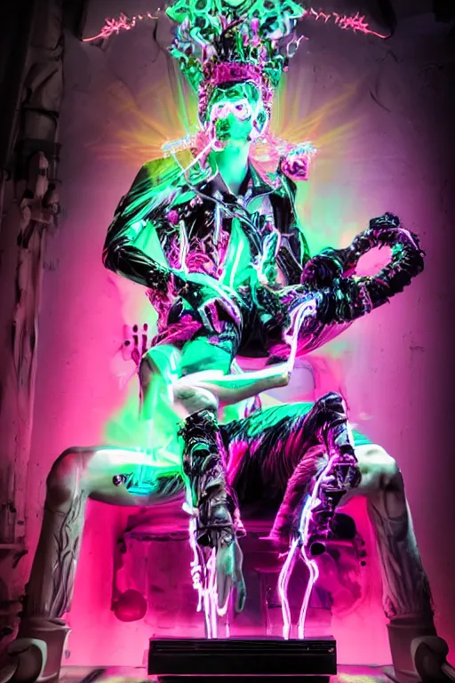 Image similar to full-body rococo and cyberpunk style neon statue of a muscular attractive Sean Mendez wearing cholo shades macho dotado e rico android sim roupa reclining con las piernas abertas e la piroca dura, ethereal white dripping tar, glowing orange lasers, pink tigers, glowing eyes, silver prince crown, black gears, pink diamonds, swirling mint-colored silk fabric. futuristic elements. full-length view. human skulls. large intricate artwork by caravaggio. Trending on artstation, octane render, cinematic lighting from the right, hyper realism, octane render, 8k, depth of field, 3D