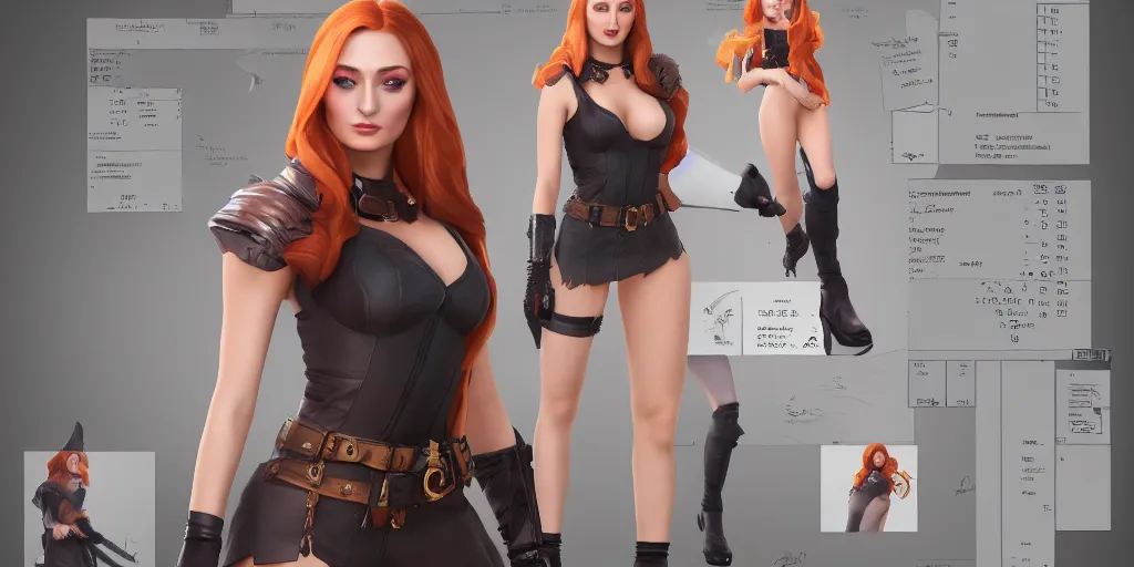 Image similar to character sheet of sophie turner as miss fortune (League of Legends). 3d render, octane render, iRay, ray tracing, realistic, highly detailed, trending on artstation, 4k, cgsociety, unreal engine 5, redshift render, blender cycles, behance, cg