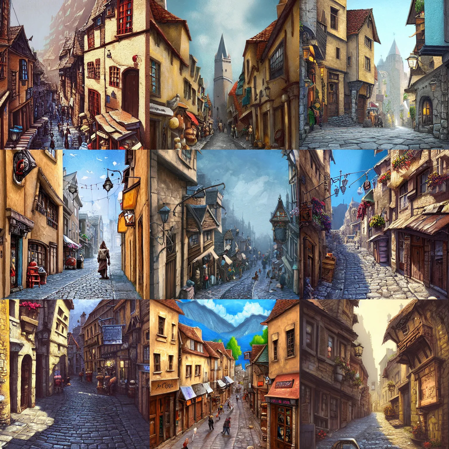 Prompt: a busy fantasy street looking down one street within a fascinating old city, quirky shops, narrow streets, old buildings, cobblestones on the ground, stone steps, street life, by Sylvain Sarrailh, single street, cinematic, simple but effective composition, clean lines, beautiful digital painting, oil painting, detailed, dungeons and dragons, lord of the rings