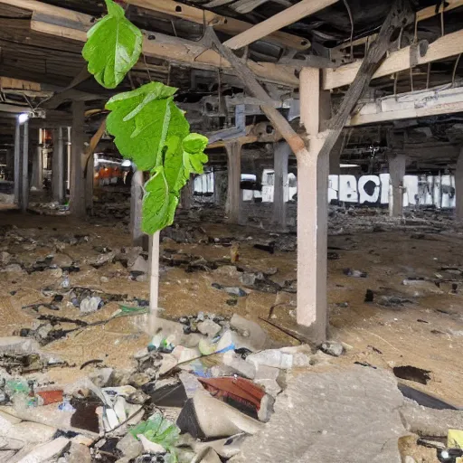 Image similar to a ransacked grocery store, broken signs, filthy flooring. Vines growing. Award-winning photo. OM system 12–40mm PRO II 40mm, 1/100 sec, f/2 8, ISO 800