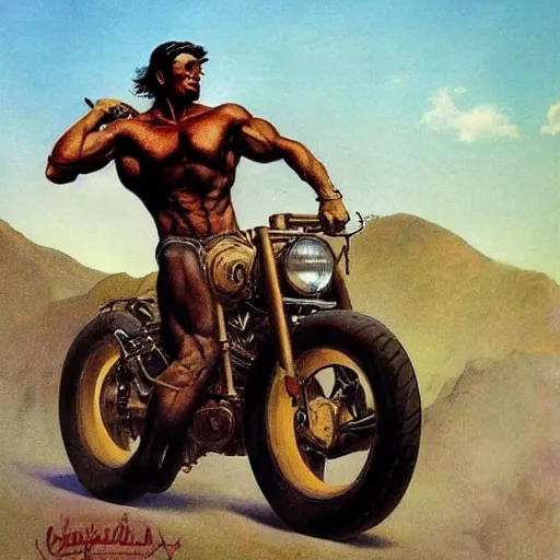 Prompt: into glory ride, artwork by Frank Frazetta, motorcycle, muscular man