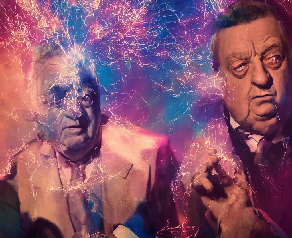 Image similar to dramatic portrait of Rodney Dangerfield from above the law, bloomed lighting, angelic, futuristic, beautiful colors, slightly golden, very sharp likeness, very detailed, chopping hands, electrical details, cinematic lighting high details, 4k, 8k, trending on artstation, ultra-realism