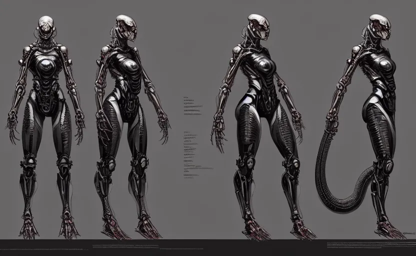 Image similar to Concept art character sheet of a cyborg biomechanical snake, sci-fi, highly detailed, digital painting, artstation, concept art, smooth, sharp focus, illustration, art by artgerm and greg rutkowski and alphonse mucha