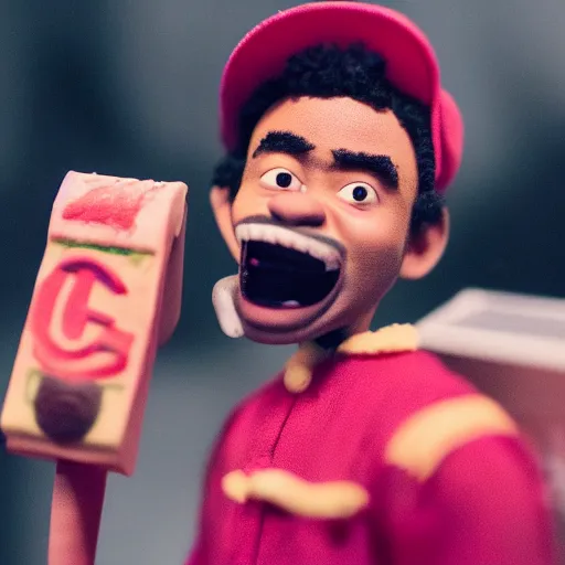 Image similar to a cinematic film still of a claymation stop motion film starring chance the rapper as a college student, shallow depth of field, 8 0 mm, f 1. 8