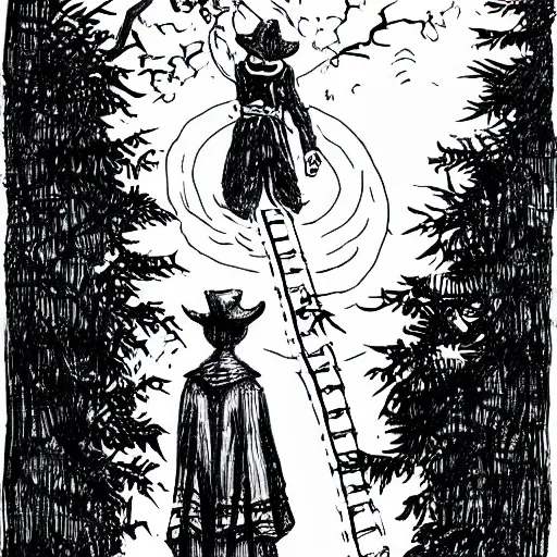 Prompt: neat ink drawing of cartoon wizard in robe and hat staying on the top of the tree, by Bill Waterson by Rutkowsky,