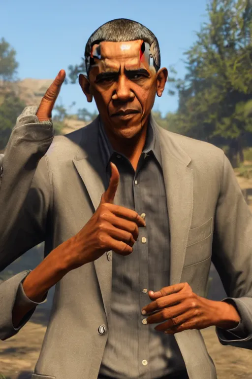 Image similar to obama doing an ok hand sign, cinematic, photoreal, by red dead redemption 2