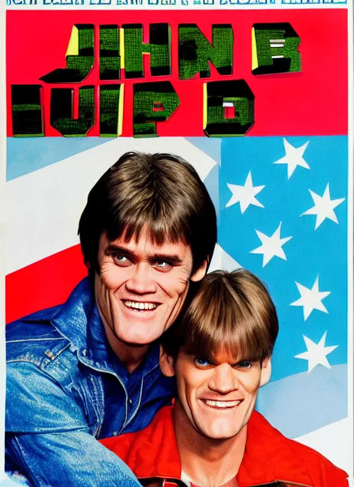 Image similar to an 8 0's john alvin action movie poster of jim carrey starring in dumb and dumber.