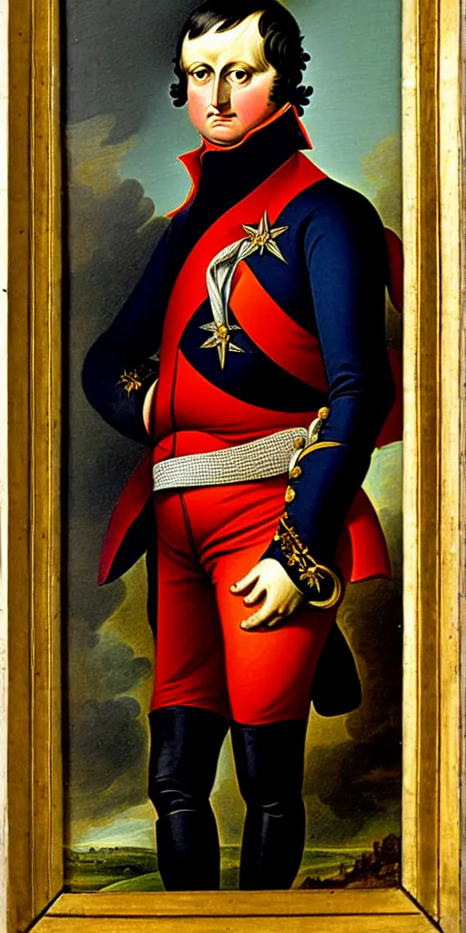 Image similar to portrait painting of napoleon, also napoleon bonaparte, and later known by his regnal name napoleon i, was a french military and political leader who rose to prominence during the french revolution and led several successful campaigns during the revolutionary wars.