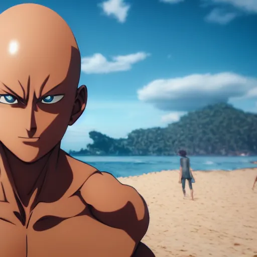 Prompt: onepunchman in sand beach look at me, pixiv, instagram photo, 8 k, octane render, unreal engine 5, cinematic, full hd, ultra realistic, ultra detailed, 8 k 3 d