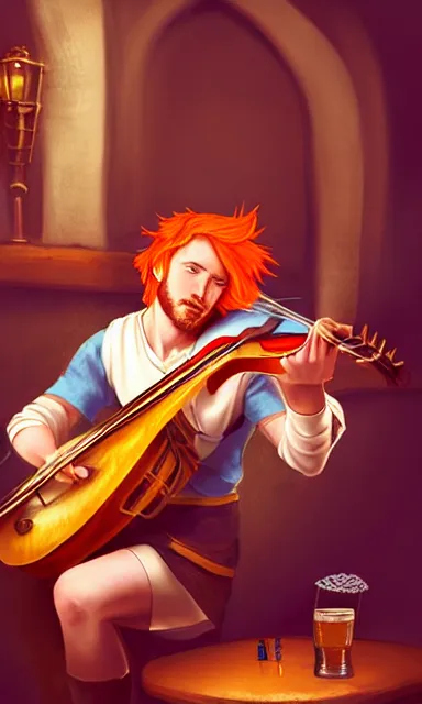 Image similar to a bard playing his lute in a pub, d & d, orange hair, portrait, sharp focus, fantasy, digital art, concept art, dynamic lighting, epic composition, by emylie boivin, rossdraws