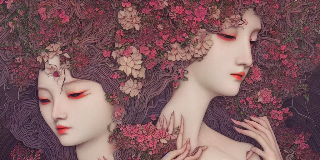 Image similar to breathtaking detailed concept art painting art deco pattern of gaea faces goddesses amalgamation flowers, by hsiao - ron cheng, bizarre compositions, exquisite detail, extremely moody lighting, 8 k