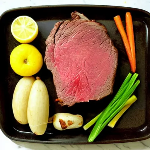 Image similar to chuck roast norris, food photo of chuck norris face in chuck roast