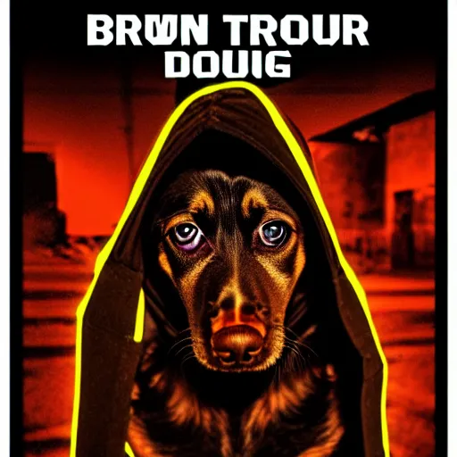 Image similar to poster for the brown hound dog pup - hooded mad mutt mixing industrial music on a laptop in an apocalypsecore setting, as strange colored lighting covers the rusty walls.