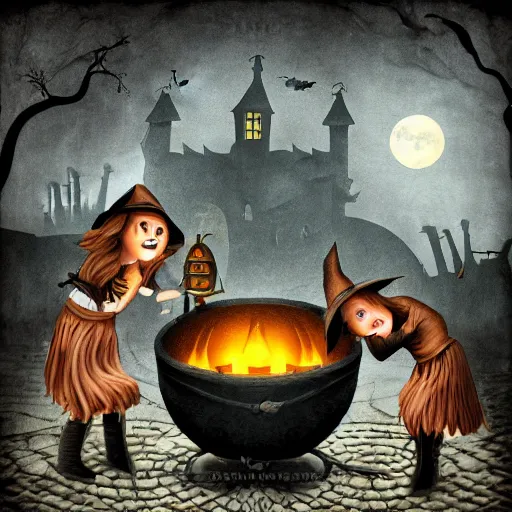 Image similar to witches around a cauldron, spooky, dark, halloween, highly detailed, high resolution