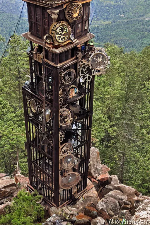 Image similar to the impossible clock tower on the top of a mountain, steampunk art