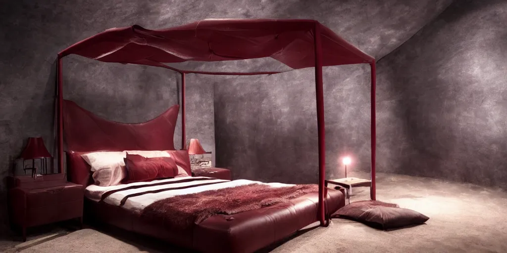 Prompt: night time, moody dark, dark red leather dungeon bedroom in the style of blade runner 2 0 4 9, canopy bed