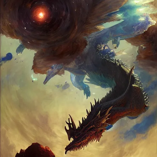 Image similar to blue scaled dragon devouring a planet, space, sun system, nebula, oil painting, by Fernanda Suarez and Edgar Maxence and Greg Rutkowski