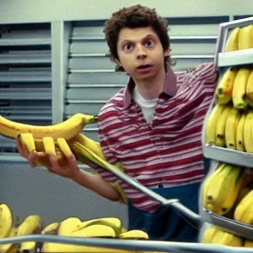 Prompt: cctv footage of Micheal Cera robbing a store with a banana