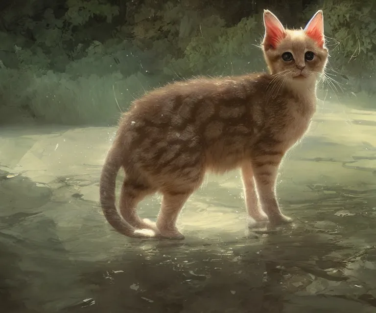 Image similar to a painting of a cute light beige brown kitten at a river. character design by cory loftis, fenghua zhong, ryohei hase, ismail inceoglu and ruan jia. volumetric light, detailed, rendered in octane